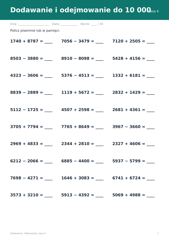 Karty pracy z matematyki, klasa 4