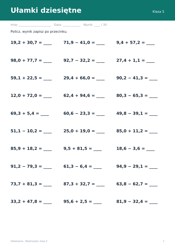 Karty pracy z matematyki, klasa 5
